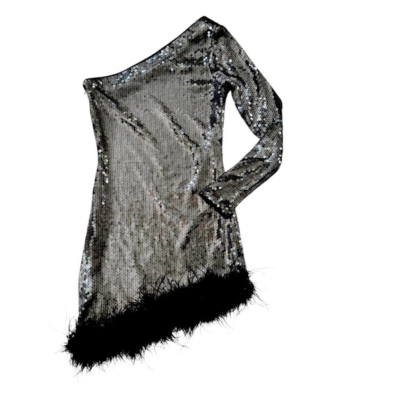 Superdown Revolve Sequin Cecilia One Shoulder Mini Dress Silver Black Size S - Picture 4 of 13